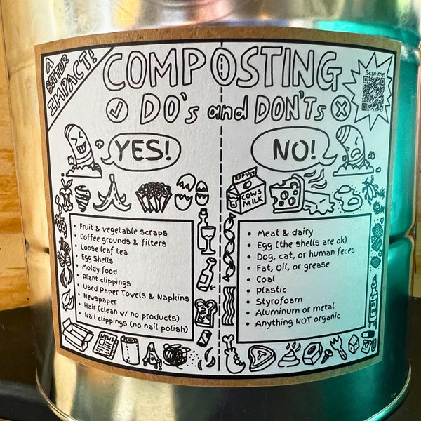 5" x 4" Compost Bin Sticker - What Can Be Composted (Black & White) | Quick Reference Guide | Printed on Recycled Kraft Paper