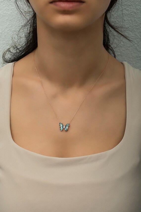 925 Sterling Silver Rose Gold Enameled Aquamarine Butterfly