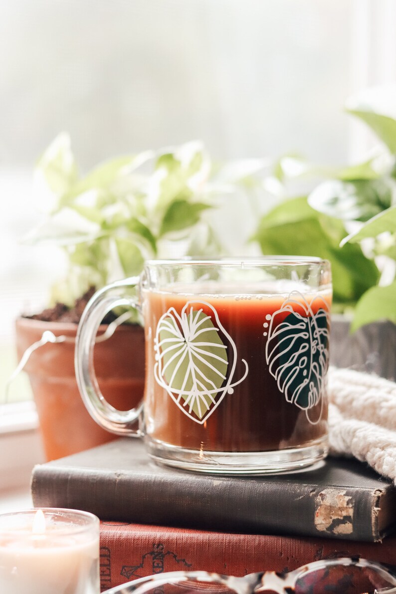 Botanical Glass Coffee Mug Plant Lady Mug Monstera Leaf Mug Etsy