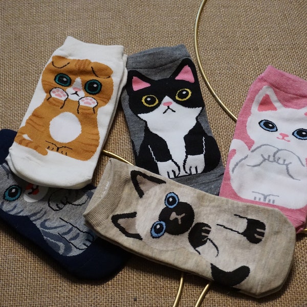 1 Pair Women’s Fashion Cotton Socks, Patterned Socks, Cat Socks, Cute Socks, Stretchy Socks, Funny Socks, Ankle Socks