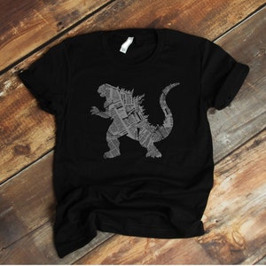 Kaiju T Shirt Gift, Giant Monster Mosaic of Newspaper Clippings, Godzilla Minimalistic Graphic Tee Shirt, Gojira Fan Art T Shirt