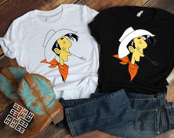 Lucky Luke Tee, Cartoon Cowboy Tee Shirt, Belgian Animation Tee, Lucky Luke T Shirt, Western T Shirt, Wil West Tees, Lucky Luke Kids T Shirt