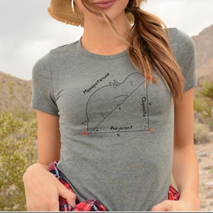 May include: A grey t-shirt with a cartoon hippo illustration and the word "Hippopotentuse". A triangle diagram is also present, with labels including "Opposite" and "Adjacent".