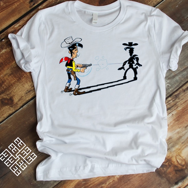 Vintage Belgisches Cartoon Cowboy T Shirt, Lucky Luke Schießerei mit dem Schatten, Lustiges Lucky Luke T Shirt Geschenk