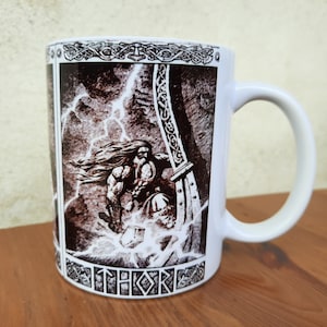 Norse Mythology God Thor Mug 11 Oz, Pagan Religion Ceramic Mug, Viking Mug, Norse God of Thunder Vikings Inspired Tea Mug, Vikings Saga Gift