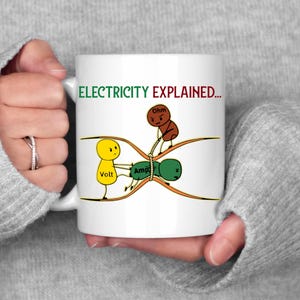 Op de afbeelding: Witte keramische mok met de tekst "ELECTRICITY EXPLAINED..." in groen en rood. De mok heeft een cartoon illustratie van elektrische concepten, inclusief Volt, Amp en Ohm karakters.