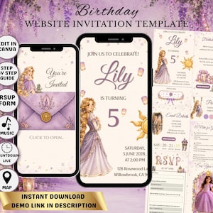 Rapunzel Inspired Birthday Website Invitation with Music, Timer & Map, Canva Template, Tangled, Princess Theme