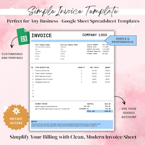 Invoice Template Spreadsheet, Modern and Professional Invoice, Business Invoice, Customizable and Printable, Editable Invoice Form