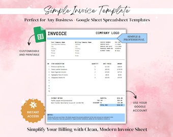 Invoice Template Spreadsheet, Modern and Professional Invoice, Business Invoice, Customizable and Printable, Editable Invoice Form