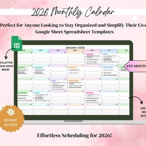 Może przedstawiać: Cyfrowy kalendarz miesięczny 2026 wyświetlany na ekranie laptopa. Szablon Arkuszy Google pokazuje styczeń 2026 z sekcjami oznaczonymi kolorami. Tekst zawiera "Declutter Your ADHD Brain" i "Instant Access".