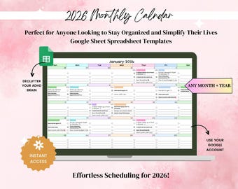 2026 Calendar Spreadsheet Google Sheets, 2026 Yearly Planner, Monthly Calendar, Task Tracker, Digital Calendar, To-Do List | Goal Tracker
