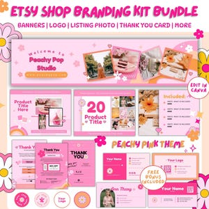 Ensemble de modèles de kit de marque Etsy | Logo modifiable, bannière, photo de couverture, carte de remerciement, lot de petite entreprise rose pêche