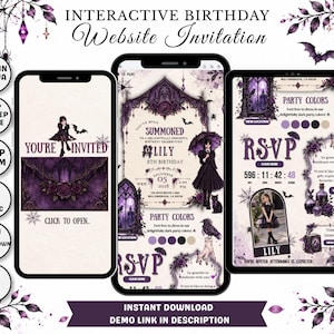 May include: An interactive digital birthday website invitation template featuring a gothic theme with purple roses, bats, and spiders. The design includes text such as YOU'RE INVITED, SUMMONED, and RSVP, displayed across three mobile and tablet screens.