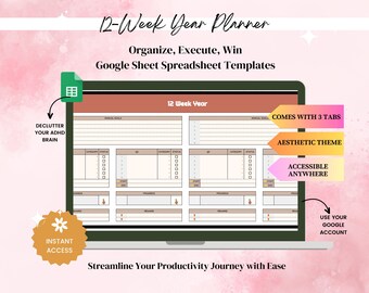12 Week Year Planner Google Sheets, Quarterly Planner, Goal Tracker Spreadsheet, 90 Day Planner, Spreadsheet Template, 12 Week Planner