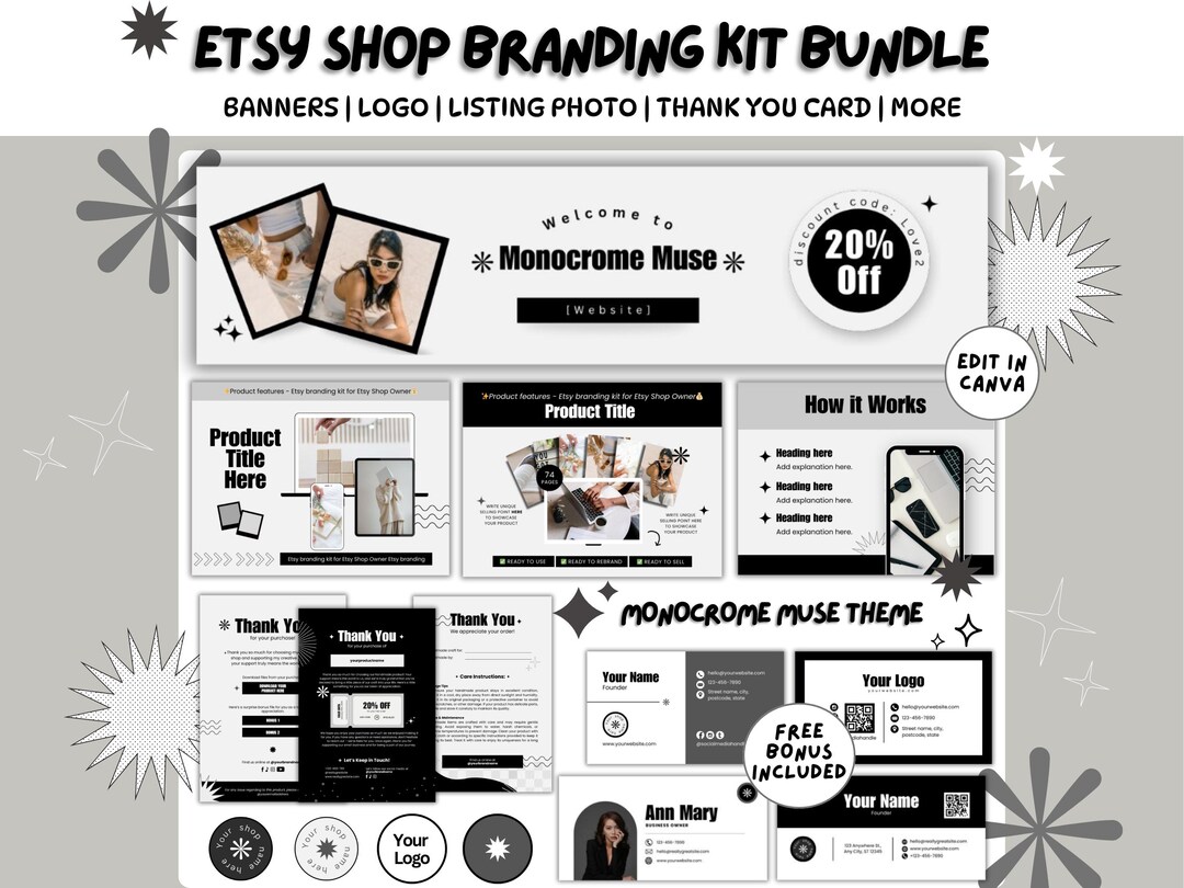 Etsy Shop Branding Kit Bundle Canva Templates | Editable Logo, Banner ...