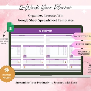 12 Week Year Planner Google Sheets, Quarterly Planner, Goal Tracker Spreadsheet, 90 Day Planner, Spreadsheet Template,Purple 12 Week Planner