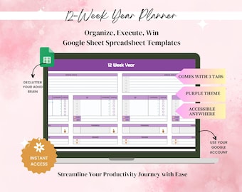 12 Week Year Planner Google Sheets, Quarterly Planner, Goal Tracker Spreadsheet, 90 Day Planner, Spreadsheet Template,Purple 12 Week Planner