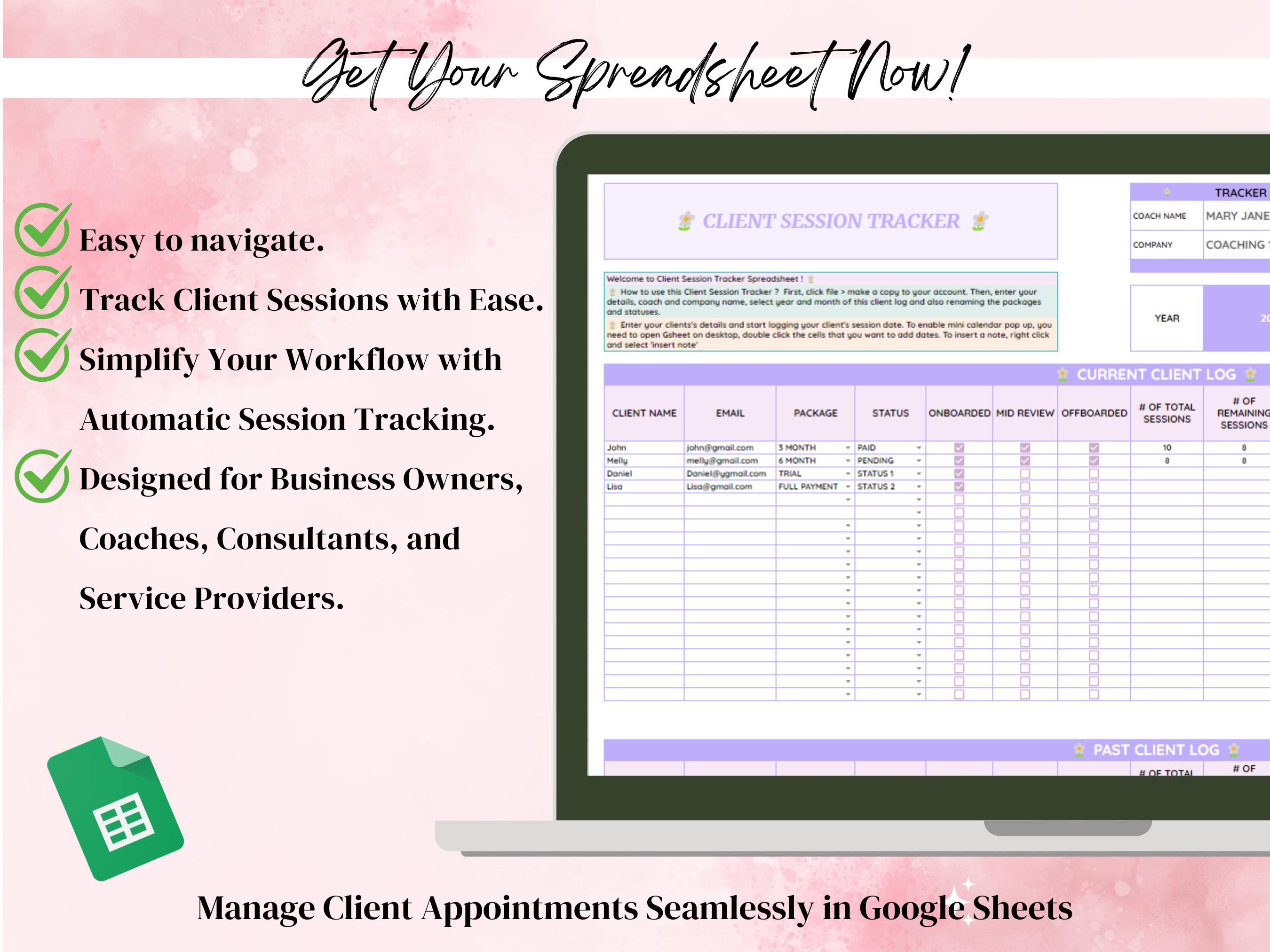 Client Tracker Spreadsheet, Client Session Tracker Google Sheets ...