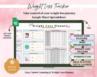 Weight Loss Tracker Spreadsheet, Fitness Tracker, Weight Journal, Calorie Tracker, Daily Weekly Weigh-in Chart, Body Measurement Log