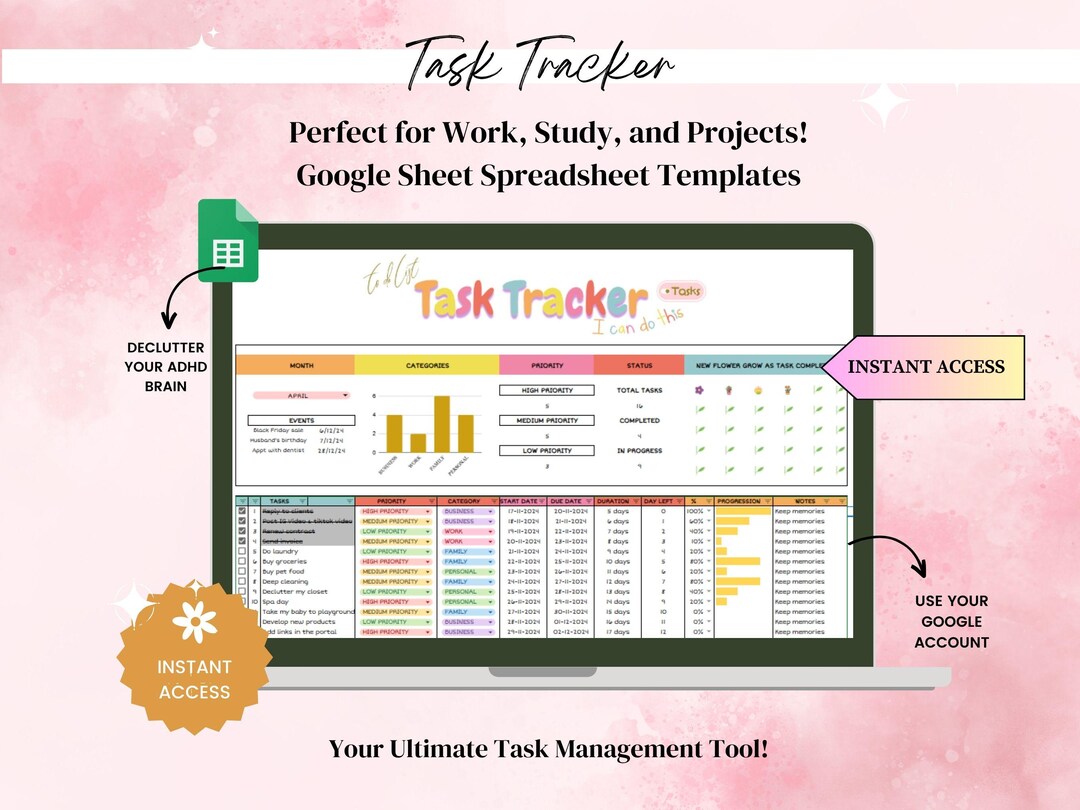 Task Tracker Spreadsheet Google Sheets, ADHD To-do List, Task Manager ...