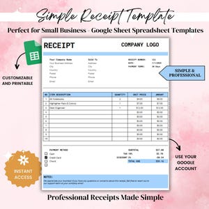 Receipt Template Spreadsheet, Small Business, Business Invoice, Receipt Form, Customer Receipt, Sales Receipt, Printable Receipt, Digital