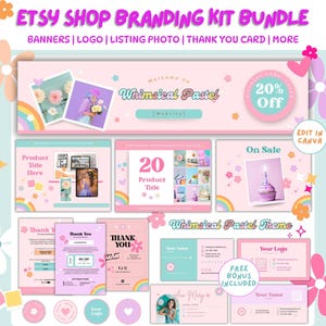 Etsy Branding Kit Bundle Canva Templates | Editable Logo, Banner, Cover Photo, Thank You Card, Small Business Brand Bundle, Whimsical Pastel