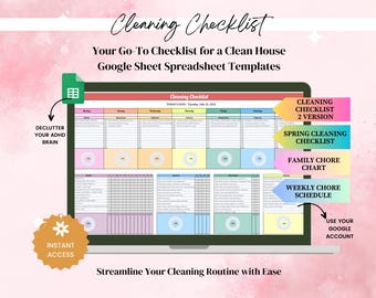 Cleaning Checklist, Google Sheets Template, ADHD Chore Chart, Cleaning Planner, Spring Cleaning, Weekly Cleaning, Cleaning schedule,Editable