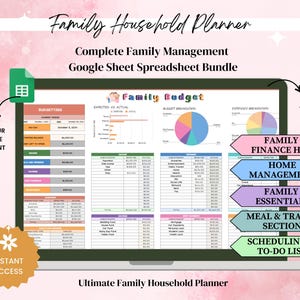 Family Planner Google Sheets,Household Planner, Budget Spreadsheet,Family Calendar,Chore List,Meal Planner, Travel Itinerary, Kids Organizer