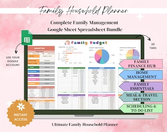 Family Planner Google Sheets,Household Planner, Budget Spreadsheet,Family Calendar,Chore List,Meal Planner, Travel Itinerary, Kids Organizer