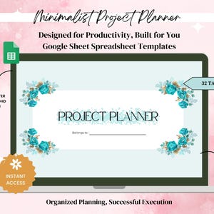 Può includere: Uno schermo di laptop che mostra un modello di foglio di calcolo di Google per un pianificatore di progetti. Il modello ha uno sfondo blu chiaro con accenti floreali e il testo "PROJECT PLANNER". Il testo "32 TABS" è visibile in un riquadro bianco nell'angolo in alto a destra dello schermo. Il testo "DECLUTTER YOUR ADHD BRAIN" è visibile in un riquadro bianco nell'angolo in alto a sinistra dello schermo. Il testo "INSTANT ACCESS" è visibile in un riquadro dorato a forma di stella nell'angolo in basso a sinistra dello schermo. Il testo "USE YOUR GOOGLE ACCOUNT" è visibile in un riquadro bianco nell'angolo in basso a destra dello schermo. Il testo "Minimalist Project Planner" è visibile nell'angolo in alto a sinistra dello schermo. Il testo "Designed for Productivity, Built for You" è visibile nell'angolo in alto a sinistra dello schermo. Il testo "Google Sheet Spreadsheet Templates" è visibile nell'angolo in alto a sinistra dello schermo. Il testo "Organized Planning, Successful Execution" è visibile al centro in basso dello schermo.
