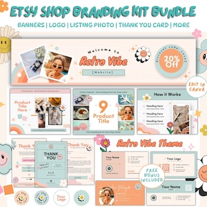 Etsy Branding Kit Bundle Canva Templates | Editable Logo, Banner, Cover Photo, Thank You Card, Small Business Brand Bundle, Retro Vibe