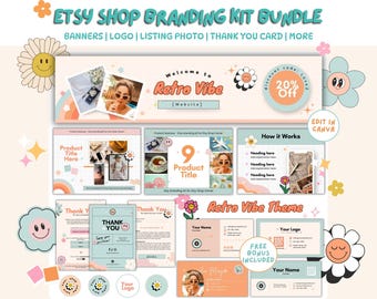 Etsy Branding Kit Bundle Canva Templates | Editable Logo, Banner, Cover Photo, Thank You Card, Small Business Brand Bundle, Retro Vibe
