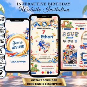 May include: An interactive digital birthday website invitation featuring Sonic the Hedgehog graphics. The display shows three mobile and tablet screens with text including 'You're INVITED', 'SPEEDING INTO 7 with Ethan', and 'RSVP'.
