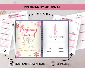 Diario de embarazo digital para mamás primerizas, listas de tareas para imprimir en el diario de embarazo, registro del embarazo, seguimiento del progreso del bebé, recuerdo de maternidad