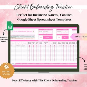 Può includere: Un modello di foglio di calcolo Google Sheet rosa e bianco per l'onboarding dei clienti. Il modello include sezioni per le informazioni sui clienti, i compiti e un registro dei clienti attuali. Il testo "Client Onboarding Tracker" è in cima al foglio di calcolo. Il testo "Perfect for Business Owners/Coaches" è sotto il titolo. Il testo "Google Sheet Spreadsheet Templates" è sotto il testo precedente. Il testo "DECLUTTER YOUR ADHD BRAIN" è in una casella verde sul lato sinistro del foglio di calcolo. Il testo "PINK THEME" è in una casella rosa sul lato destro del foglio di calcolo. Il testo "USE YOUR GOOGLE ACCOUNT" è in una casella rosa in basso a destra del foglio di calcolo.