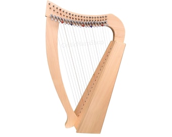 May include: A wooden harp with a light brown finish. The instrument has numerous strings stretched across its frame. The top of the harp features tuning pegs with red, blue, and silver accents. The harp's design includes a curved neck and a triangular soundbox.