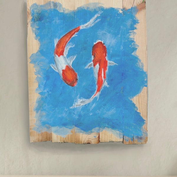 Acrylgemälde auf Holzbrettern | Zwei Koi Fische