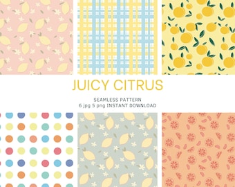 Citrus Digital Paper - Scrapbook Paper - Lemon Seamless Patterns, Pastel Patterns, Summer Fruits Patterns - Printable - Commercial Use