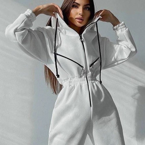Women Hooded Zipper Winter Loose Jumpsuit, White Warm Romper One Piece Jumpsuit, Long Sleeve Sweatshirt Sweatpants High Waist Overalls