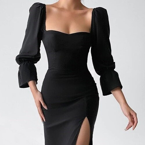 Black Puff Sleeve Elegant Sexy Midi 