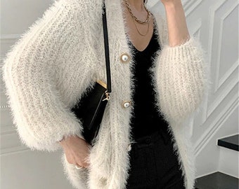 fuzzy cardigan white