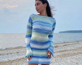 Women Blue Striped Knitted Mini Dress 