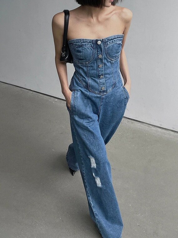 haag vastleggen Rijd weg Denim Jumpsuit Sleeveless Cotton 70s Jumpsuit Strapless Wide - Etsy