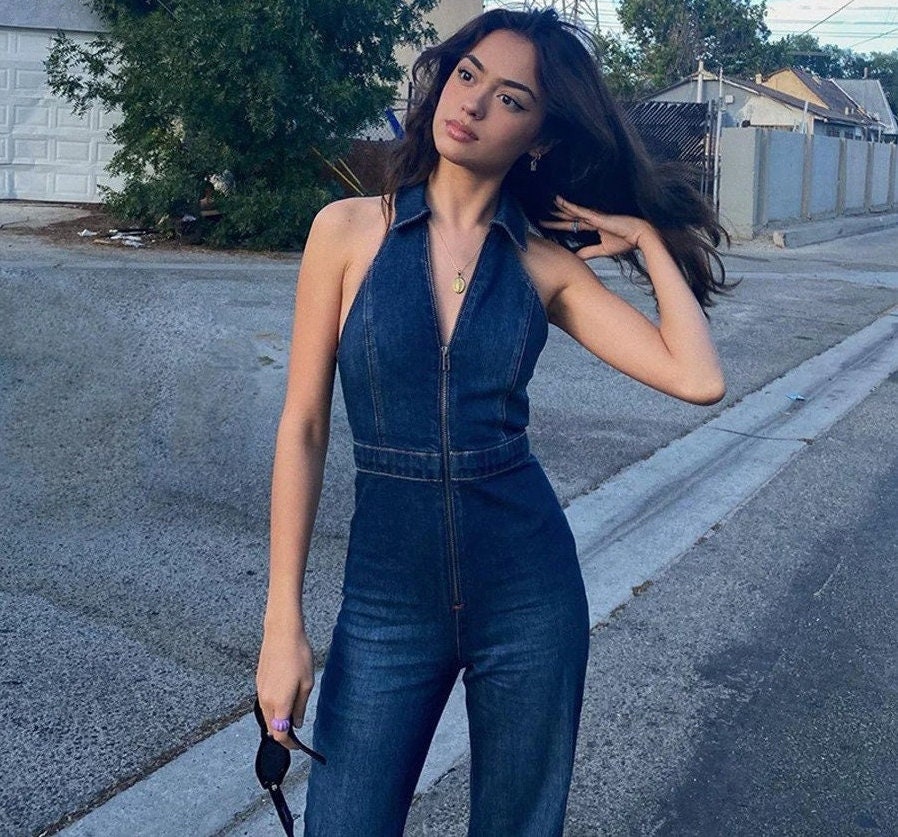 V NECK DENIM JUMPSUIT