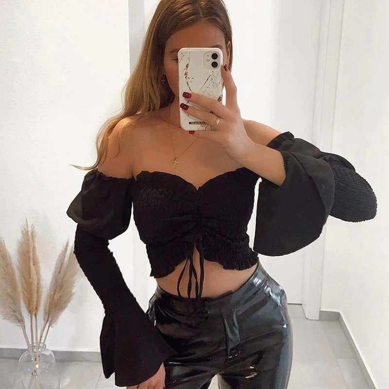 Women Blue Black off Shoulder Crop Top Long Sleeve Ruched - Etsy