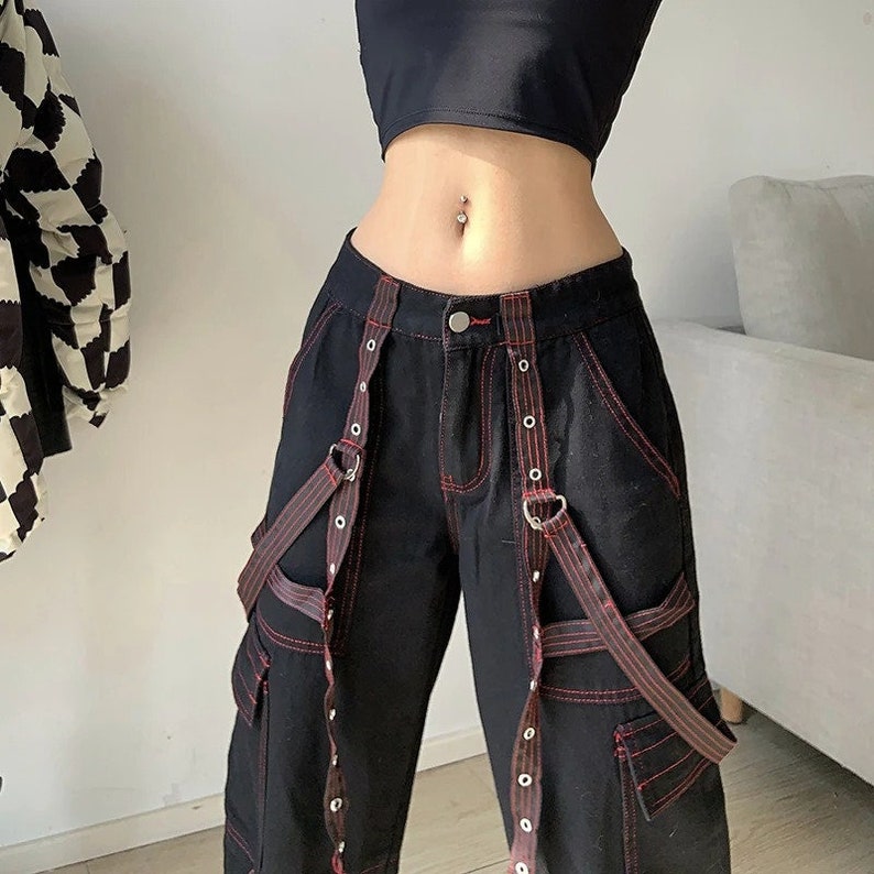 Women Black Gothic Cargo Pants, Trousers Pockets Techwear Pants, Y2k High Waisted Pants, Loose Hip Hop Pants, Punk Cool Baggy Pants Jeans 