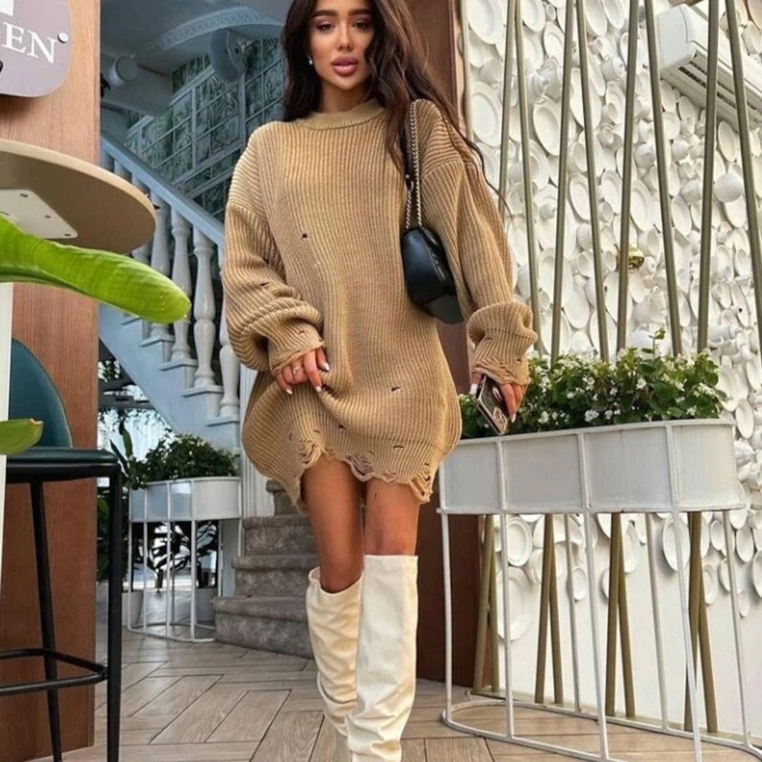 Ripped Knitted Loose Sweaters Long Sleeve Mini Sweater Dress - Etsy New  Zealand