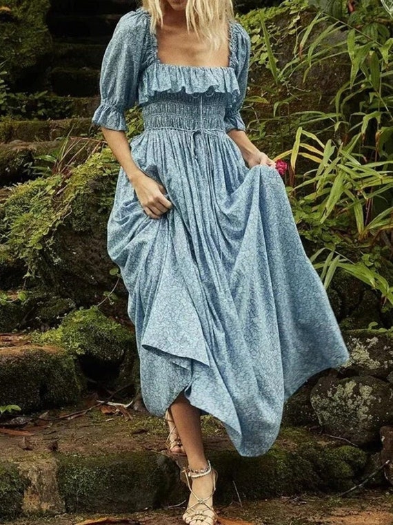 Blue Maxi Cottagecore Dress Bohemian Dress Vintage - Etsy