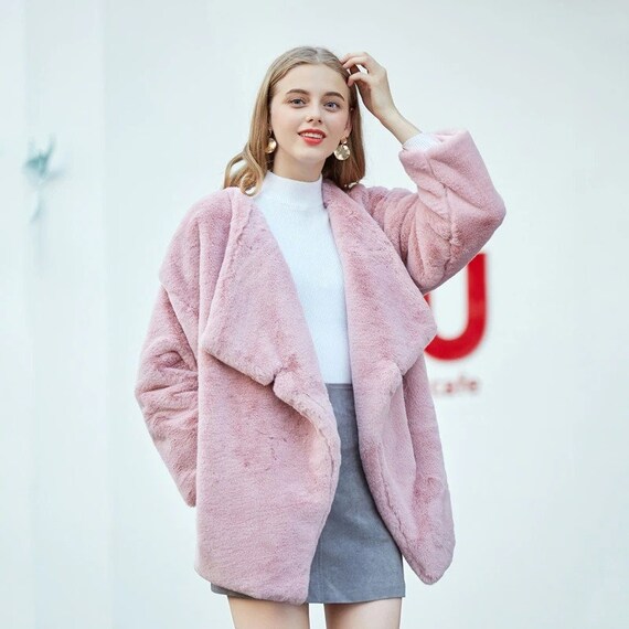 Women White Pink Rabbit Faux Fur Coat, Faux Fur Coat Australia Plus Size