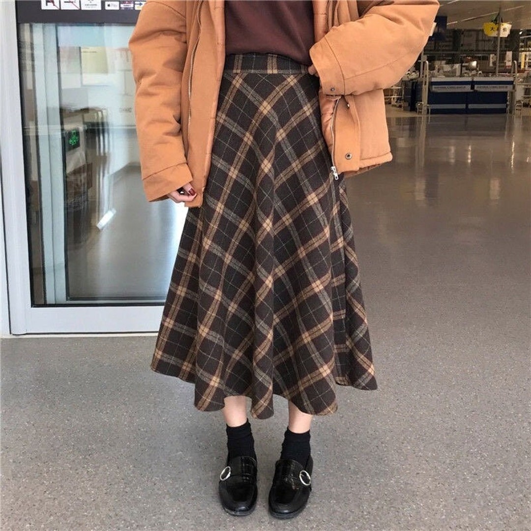 Women Wool Skirt Vintage Pleated Long A Line Skirt Plaid Etsy